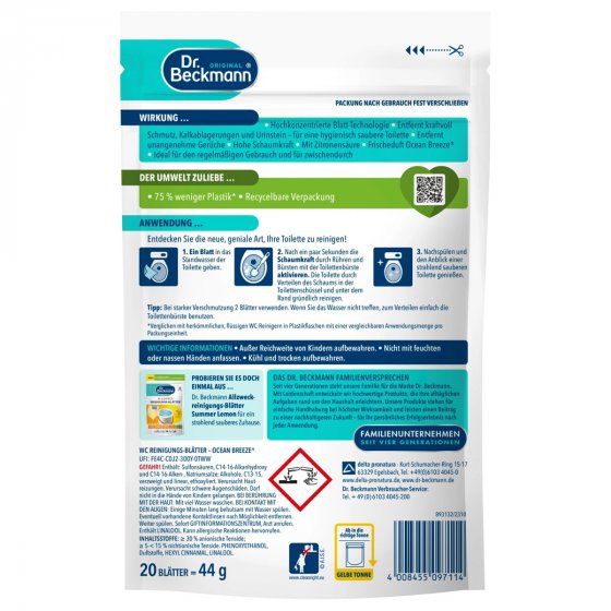 Dr Beckmann WC Reinigungs Blätter Ocean Breeze 44g 