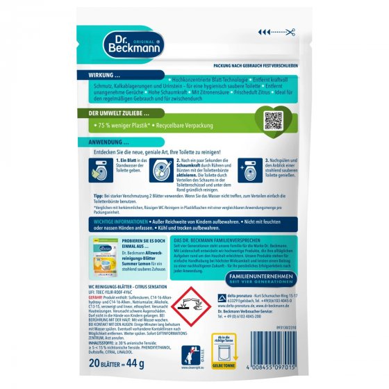Dr Beckmann WC Reinigungs Blätter Citrus Sensation 44g 