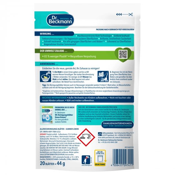 Dr.Beckmann Allzweck Reinigungs-Blätter Magic Leaves Summer Lemon 44g 