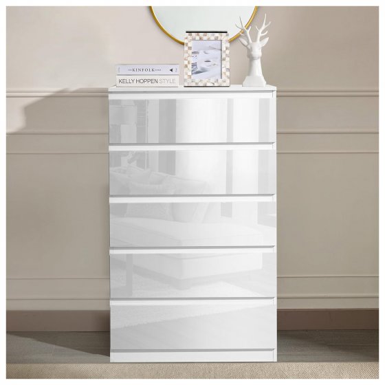 Sideboard Kenji 5 Schubladen Hochglanz Weiß 