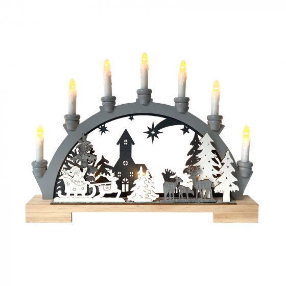 Moderner Schwibbogen LED Holz Grau mit Weihnachtsmotiv und 7 LED Kerzen 