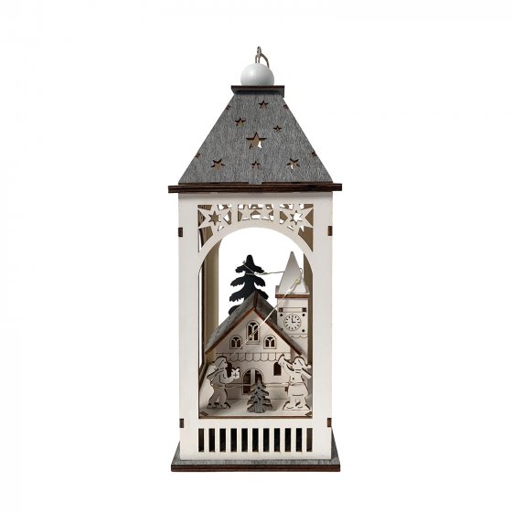 LED Holzlaterne mit Kirche und Figuren Weihnachtsdeko mit 8 LEDs 