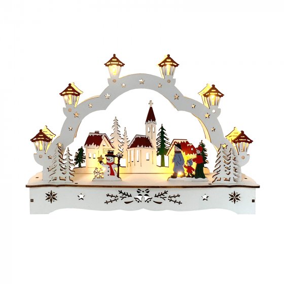 Lichterbogen in modernem Weiß Weihnachtsdorf mit Schneemann 