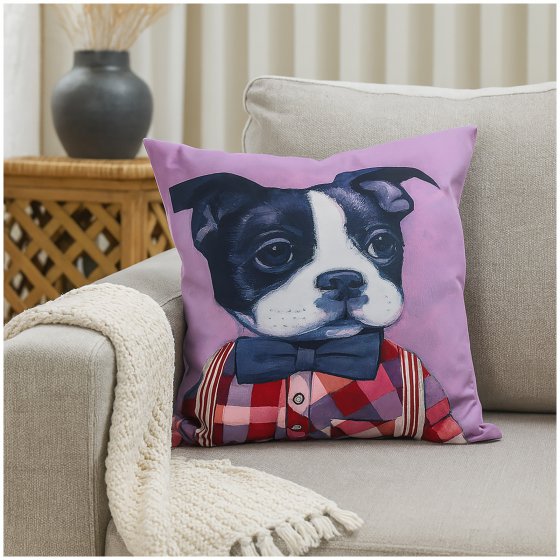 Dekokissen für Sofa und Outdoor Möbel 45 x 45 cm Hund mit Fliege 