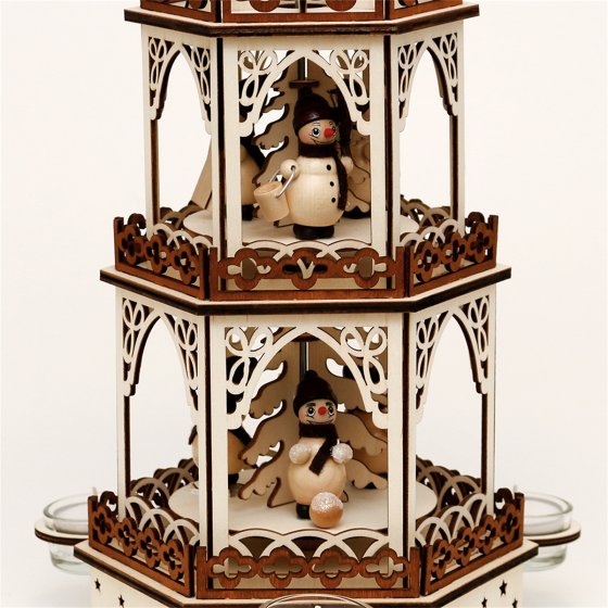 Holz Teelichtpyramide 3 Etagen Schneemänner 