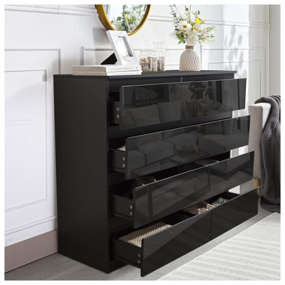 Sideboard Kenji 8 Schubladen Hochglanz Schwarz 