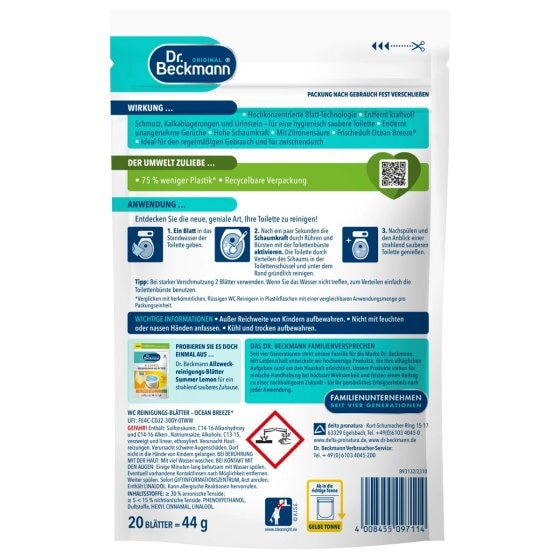 Dr Beckmann WC Reinigungs Blätter Ocean Breeze 44g 