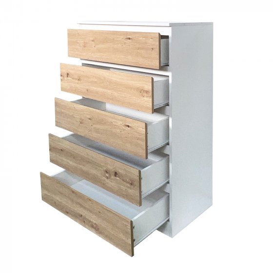 Kommode Weiß-Artisaneiche mit 5 grifflosen Schubladen 