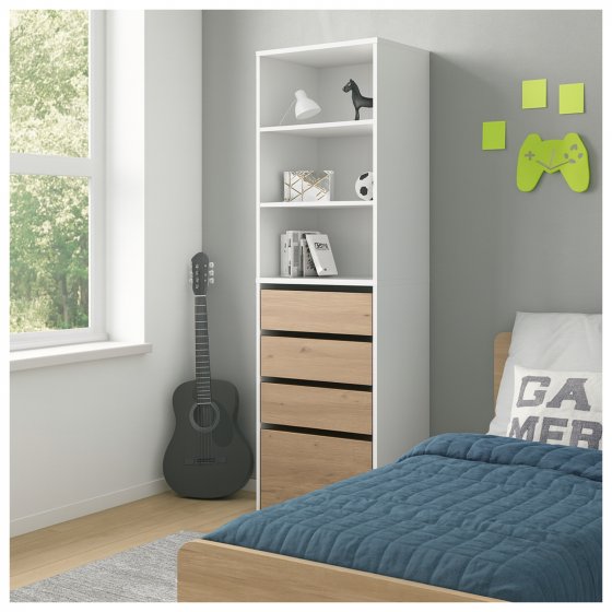 Schrank mit 4 Schubladen und 3 offenen Fächern Weiß/Artisaneiche 