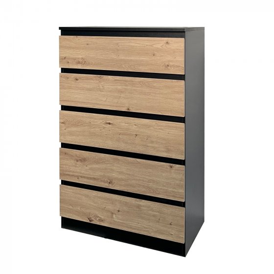 Kommode mit 5 grifflosen Schubladen Schwarz Artisaneiche 