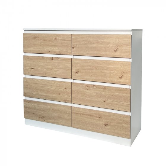 Moderne Kommode mit 8 grifflosen Schubladen weiß-Artisaneiche 