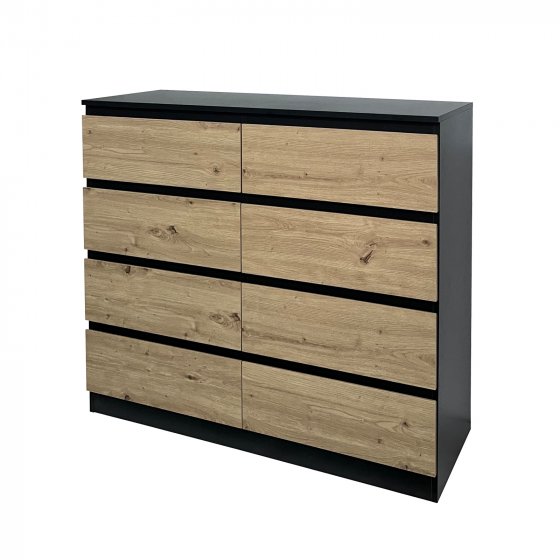 Moderne Kommode mit 8 grifflosen Schubladen Schwarz-Artisaneiche 