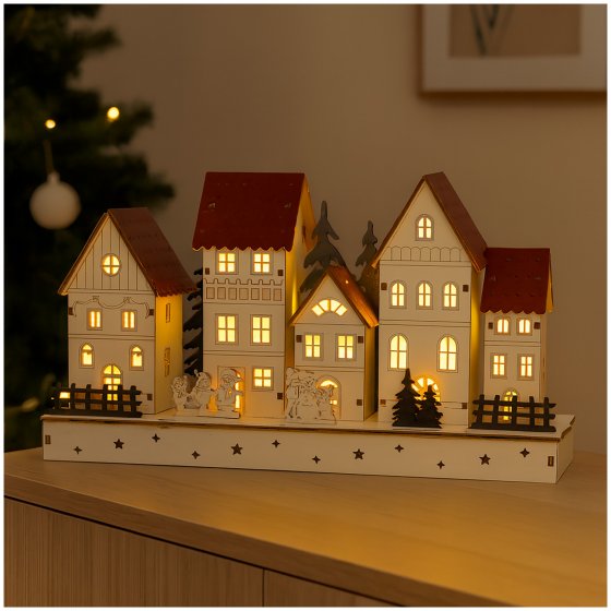 LED Holz Weihnachtsdorf mit Wintermotiv Batteriebetrieben