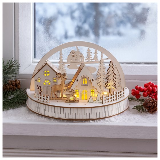 LED Dekobogen Winterdorf und Rehe Weihnachtsdeko mit 5 LEDs 