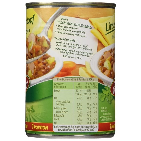 Erasco Linseneintopf mit Würstchen für die ganze Familie 400g 3er Pack 