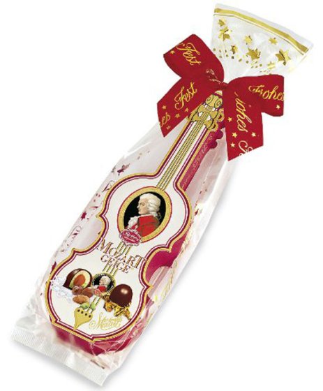 Reber Mozart Geige gefüllt mit Mozart Kugeln Zartbitter 140g 