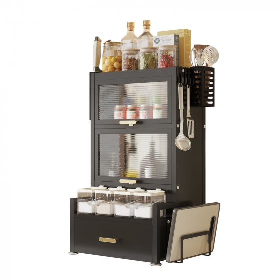 Gewürzregal mit Türen und Schublade Metall Schwarz 