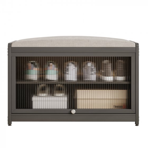 Schuhschrank mit Schiebetür und Sitzkissen Grau 