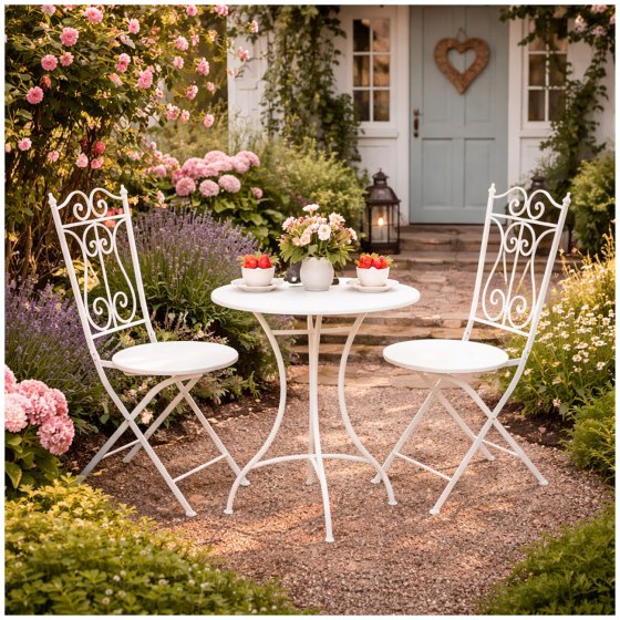 Bistro Sitzgruppe Metall Creme Tisch mit 2 Stühlen Balkon Set Gartenmöbel 