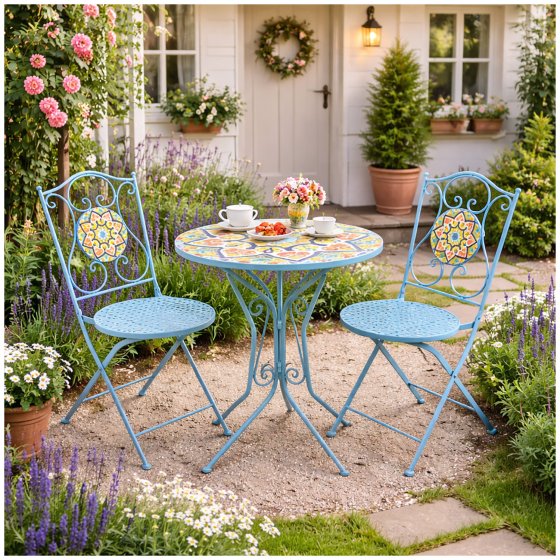 Bistro Sitzgruppe Metall weiß Tisch mit 2 Stühlen Balkon Set Gartenmöbel 