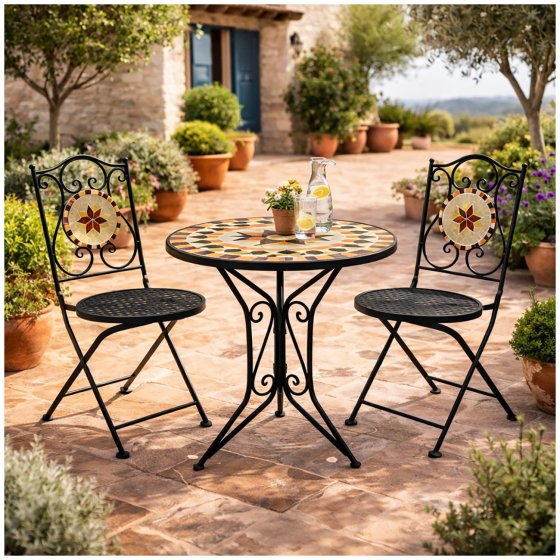 Bistro Sitzgruppe Metall schwarz Tisch mit 2 Stühlen Balkon Set mit Motiv Kairo 