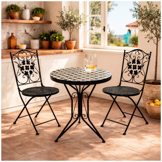 Bistro Sitzgruppe Metall schwarz Tisch mit 2 Stühlen Balkon Set mit Motiv Black and White 
