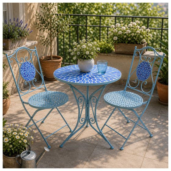 Gartenstuhl 2er-Set Metall Blau mit Blütenmotiv 