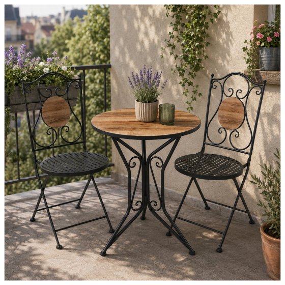 Gartenstuhl 2er-Set Metall Schwarz Holzoptik 