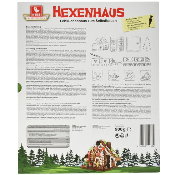 Weiss Lebkuchen Hexenhaus zum Selbstbauen mit süßen Dekorteilen 900g 