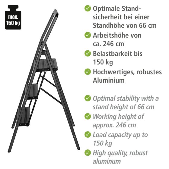 Alu-Klapptrittleiter Compact 3-stufig Dunkelgrau, leichte & rutschfeste Haushaltsleiter 