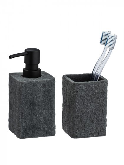 Seifenspender und Zahnputzbecher Mod. Villata, Grau, 2-teiliges Set 