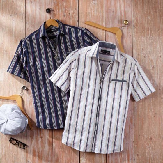 Seersuckerhemd mit Reißverschluss im Set L (41/42) | Weiß#Marine