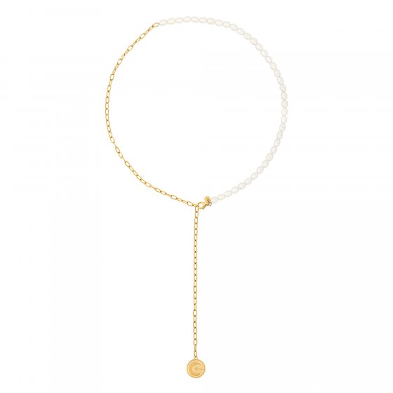 Collier 925 Silber vergoldet Y-Kette Perlen Münze Sonne Mond 