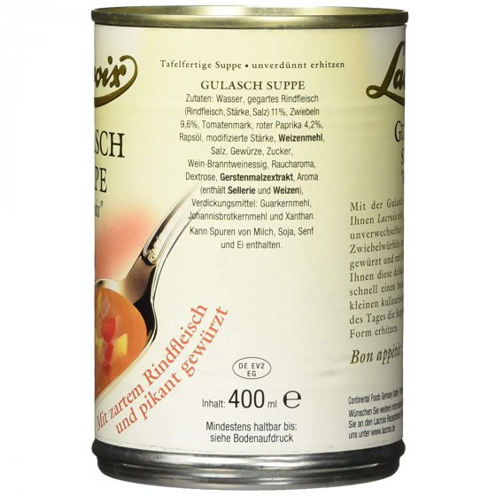 Lacroix Gulasch Suppe zartes Rindfleisch pikant gewürzt 400ml 