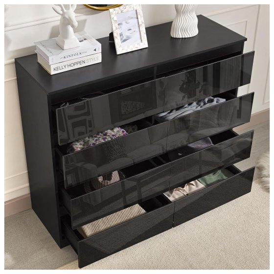 Sideboard Kenji 8 Schubladen Hochglanz Schwarz 