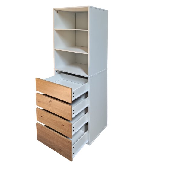 Schrank mit 4 Schubladen und 3 offenen Fächern Weiß/Artisaneiche 
