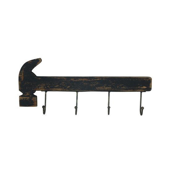 Rustikale Wandgarderobe in Hammer-Form Vintage-Look mit 4 Haken für Flur, Werkstatt oder 