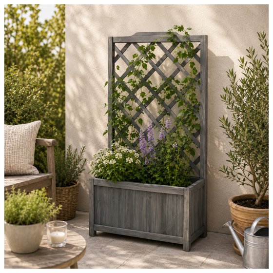 Pflanzkasten mit Rankgitter aus Holz Grau Blumenkasten für Terrasse und Balkon 
