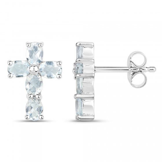 Ohrringe Silber 925 rhodiniert Kreuz-Motiv mit echten Aquamarin-Steinen 