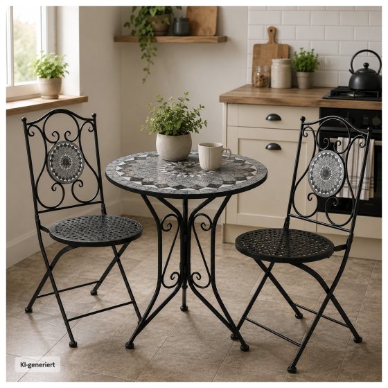 Bistro Sitzgruppe Metall schwarz Tisch mit 2 Stühlen Balkon Set mit Motiv Schiefer 