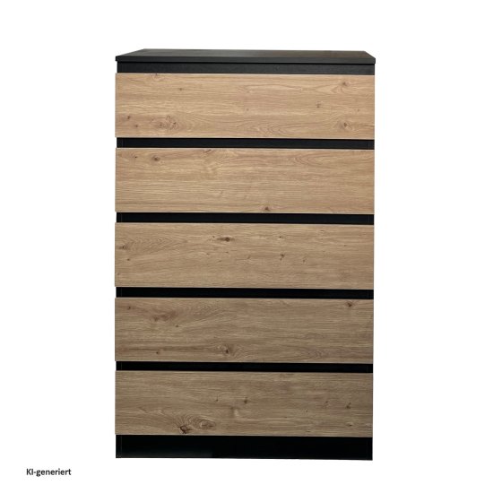 Kommode mit 5 grifflosen Schubladen Thekla Schwarz-Artisaneiche 