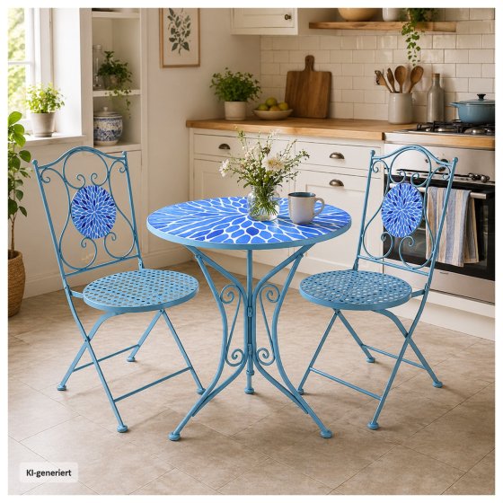 Gartenstuhl 2er-Set Metall Blau mit Blütenmotiv 