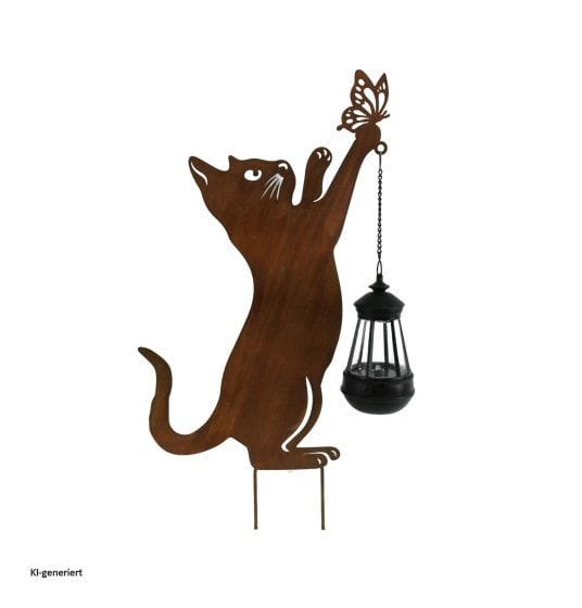 Gartenstecker Katze mit Lampe Metall Rostoptik Gartendeko mit Laterne 