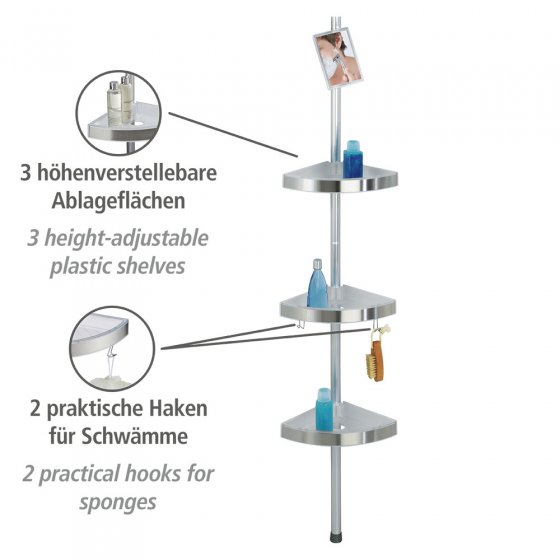 Teleskop Duschecke Premium, mit 3 Ablagen und Spiegel, satiniert 