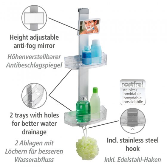 Duschcaddy Premium mit Antibeschlagspiegel, mit 2 Ablagen und Edelstahl-Haken