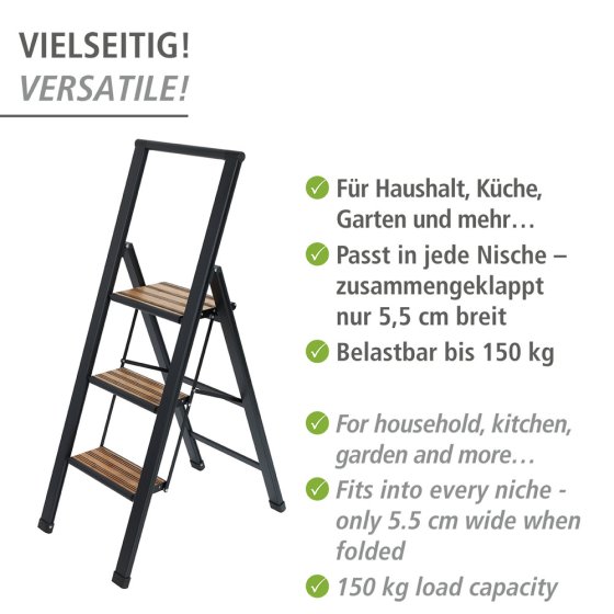 Alu-Design Klapptrittleiter 3-stufig Schwarz, rutschsichere XXL-Stufen 