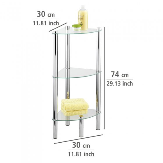 Eckregal Mod. Yago mit 3 Glasablagen, aus Edelstahl und Sicherheitsglas