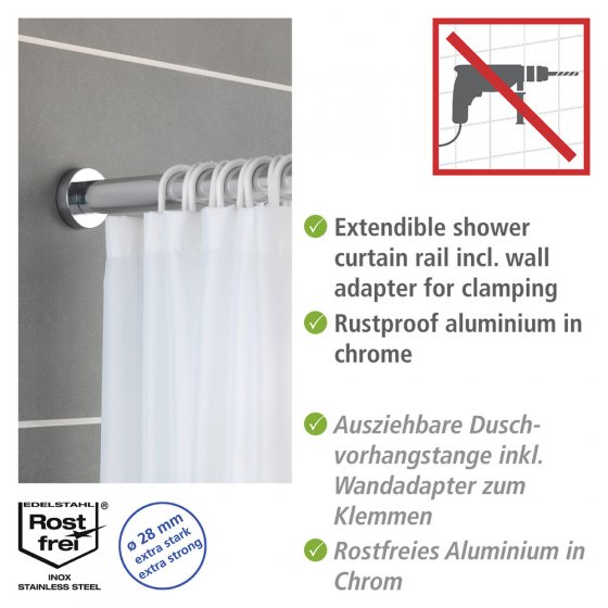 Teleskop-Duschstange Mod. Luz 70 - 115 cm, Chrom, ausziehbare Duschvorhangstange aus rostfreiem Edelstahl 