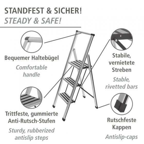 Alu-Design Klapptrittleiter 3-stufig Silber, rutschsichere XXL-Stufen