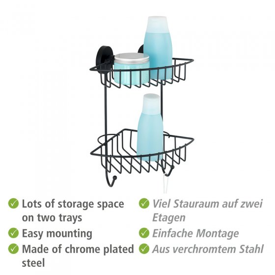 Vacuum-Loc® Eckregal 2 Etagen Mod. Bari Schwarz, Befestigen ohne bohren 